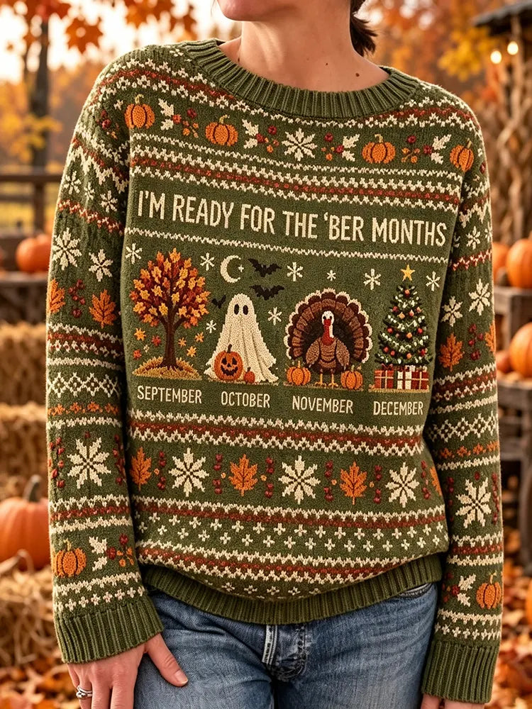 Women's I'm Ready For The 'ber Months Print Crew Neck Knit Sweater