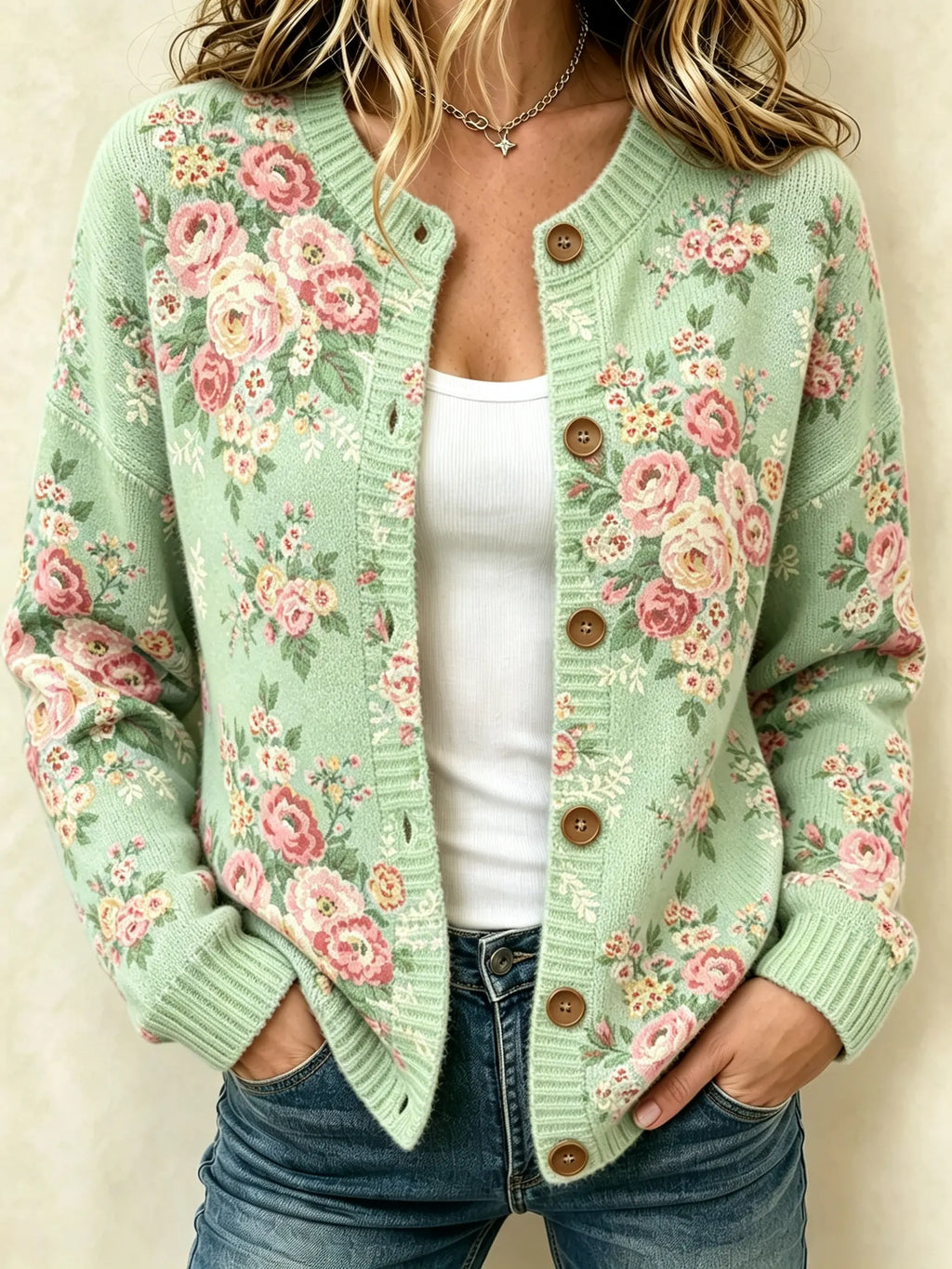 Women's Retro Floral Art Knit Button Cardigan