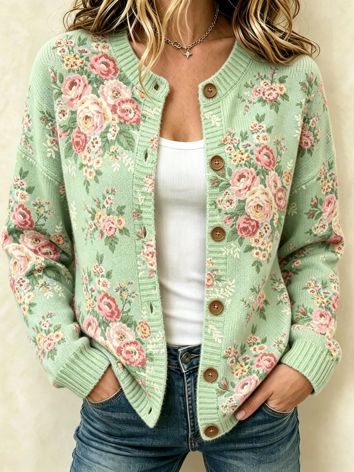 Women's Retro Floral Art Knit Button Cardigan