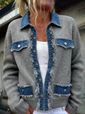 Edgy Frayed Denim Spliced Knit Cardigan