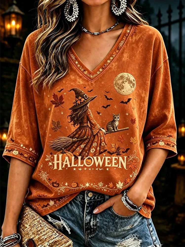 Women's Halloween Witch Short-sleeve Top With A Broom And A Cat
