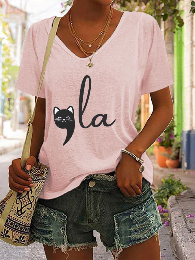 Women's La Cat Print V-Neck T-Shirt