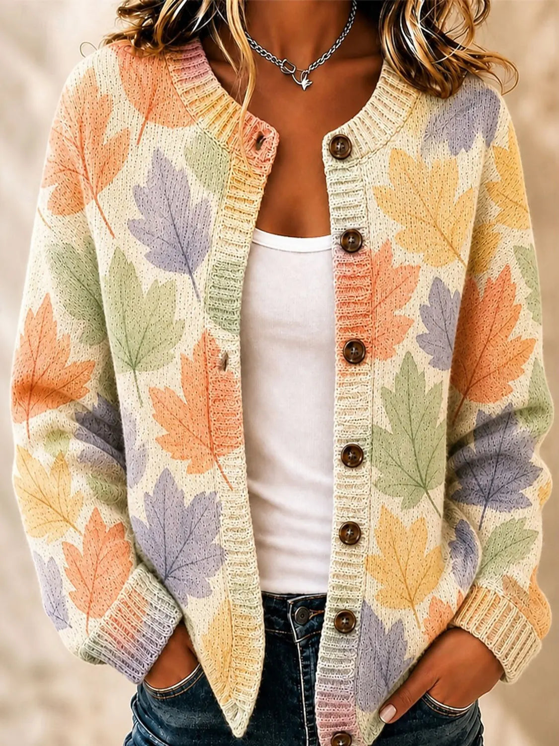 Women's Fall Maple Leaf Pattern Watercolor Art Print Sweater Cardigan