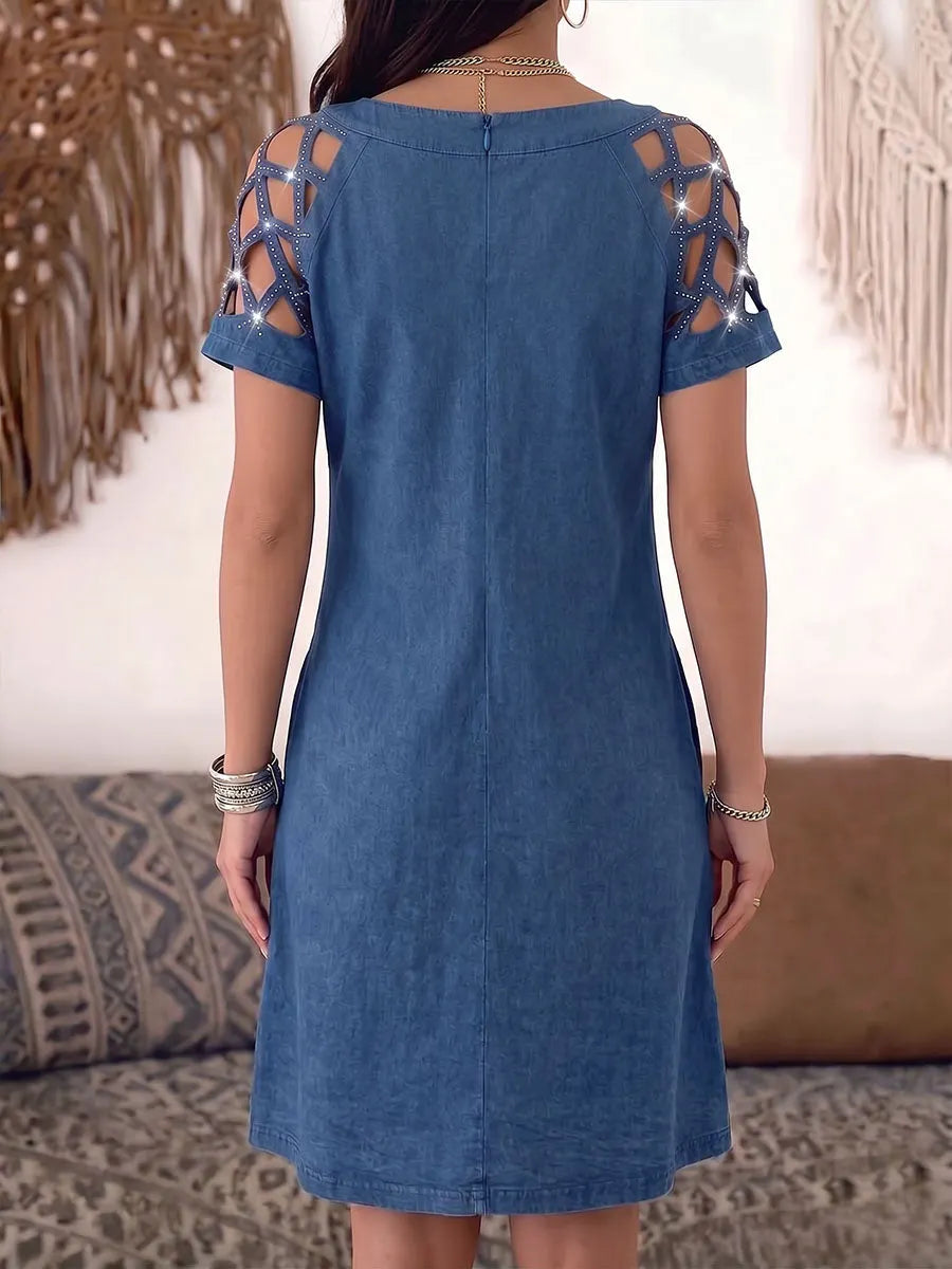Women's V-neck Hollowed-out Short-sleeved Casual Loose Denim Dress
