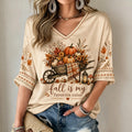 Women's Vintage Autumn Print V-neck Mid-length Sleeves T-shirt