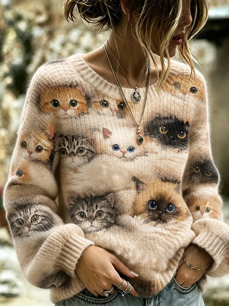 Women's Art Print Crew Neck Sweater With Kitten Lying In A Blanket