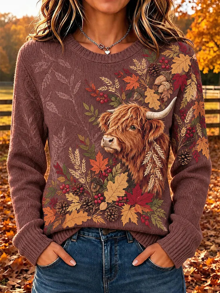 Women's Autumn Animal Print Crew Neck Long-sleeve Knit Sweatshirt