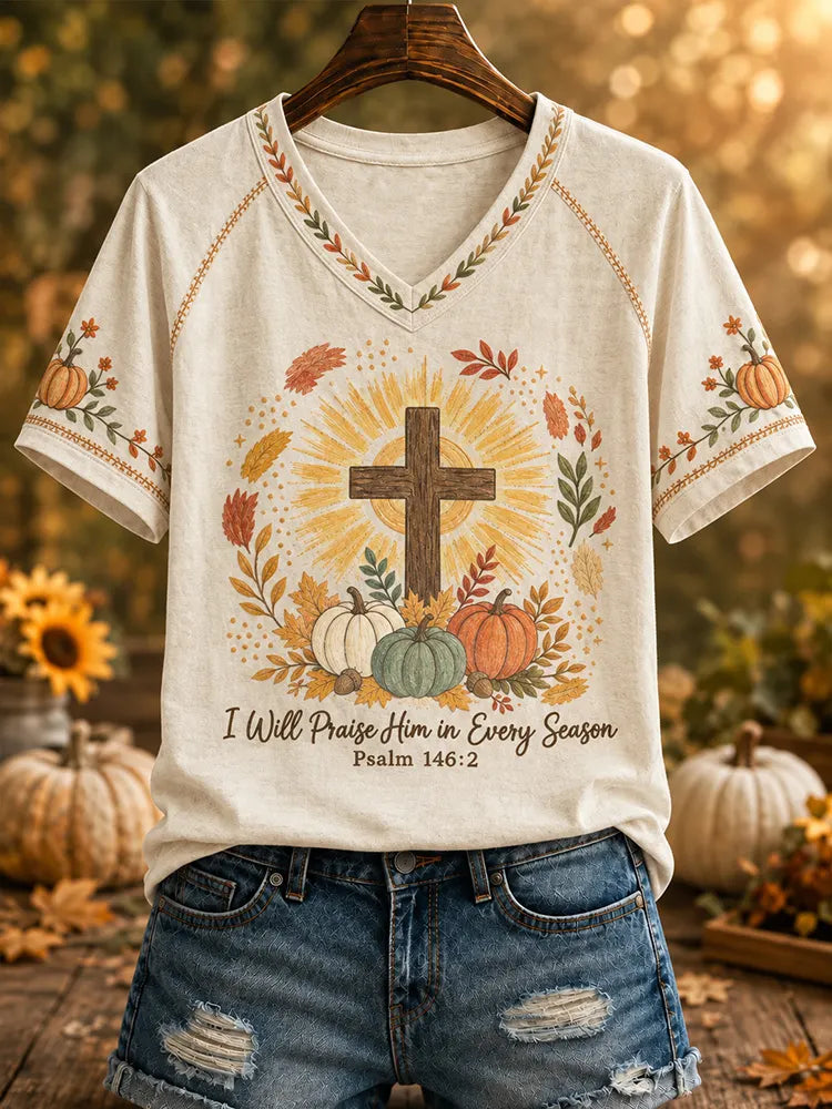 Women's I Will Praise Him Every Season Faith Printed V-neck T-shirt