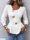 Elegant Peplum Knit Top With Statement Gold Buttons