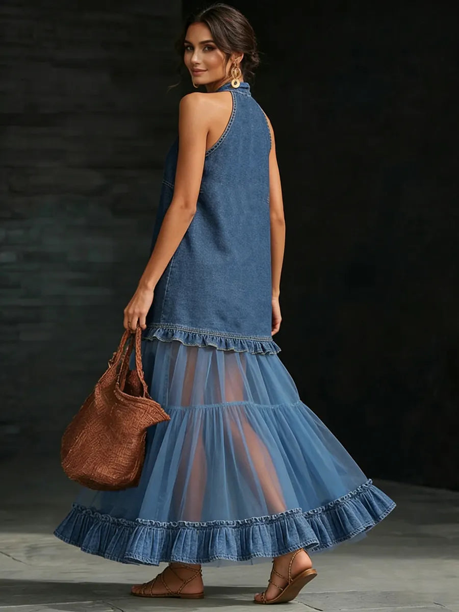 🔥LAST DAY SAVE 49% ⏰Stylish Elegant Organza-Paneled Denim Maxi Dress