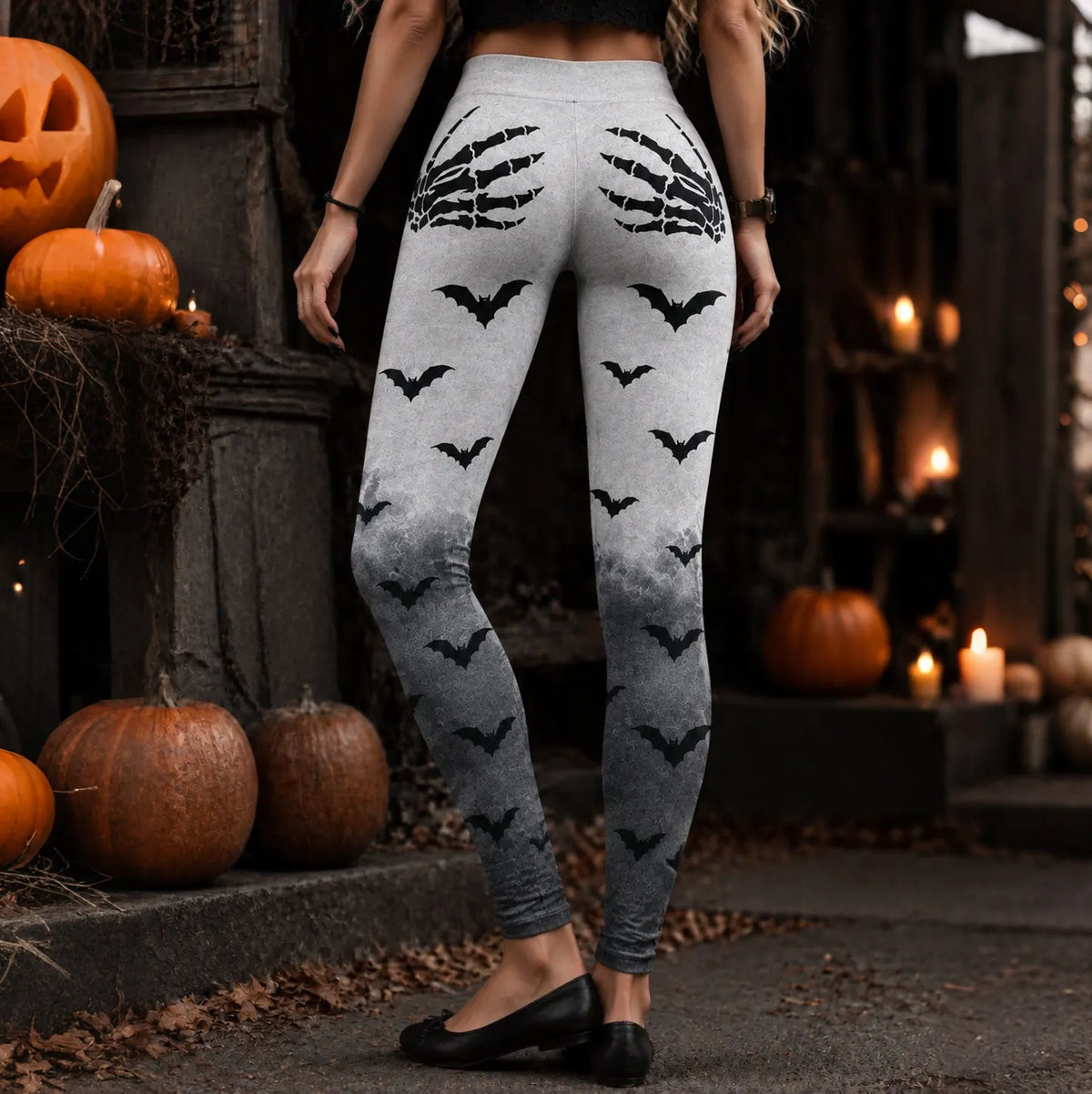 Women's Vintage Skeleton And Bat In Gradient Print Comfy Leggings