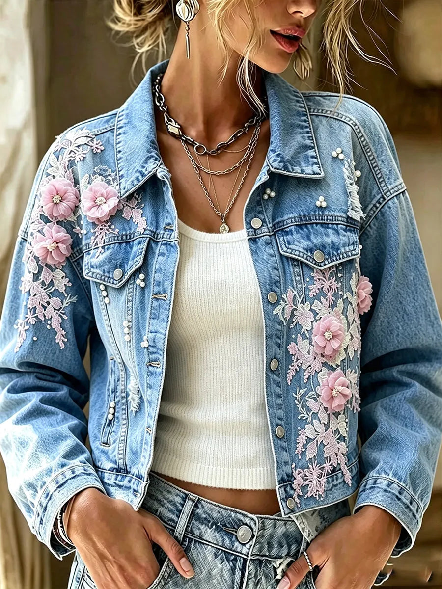 Romantic 3D Floral Applique Pearl Denim Jacket