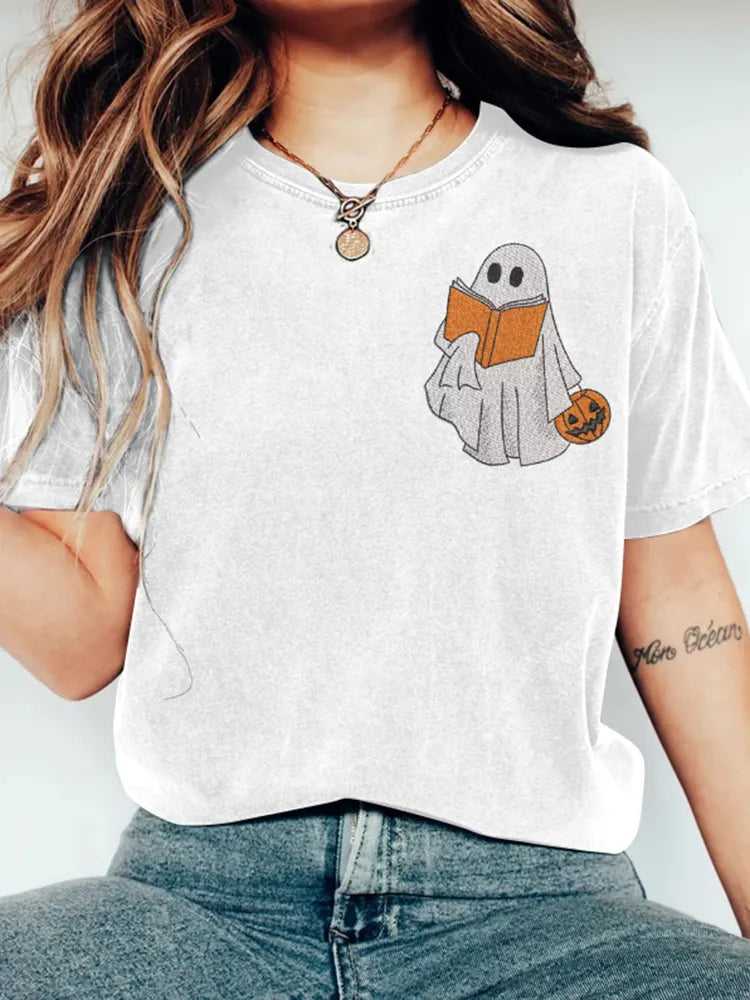 Ghost Reading Book Embroidery Fall Printed Art Women's T-Shirt