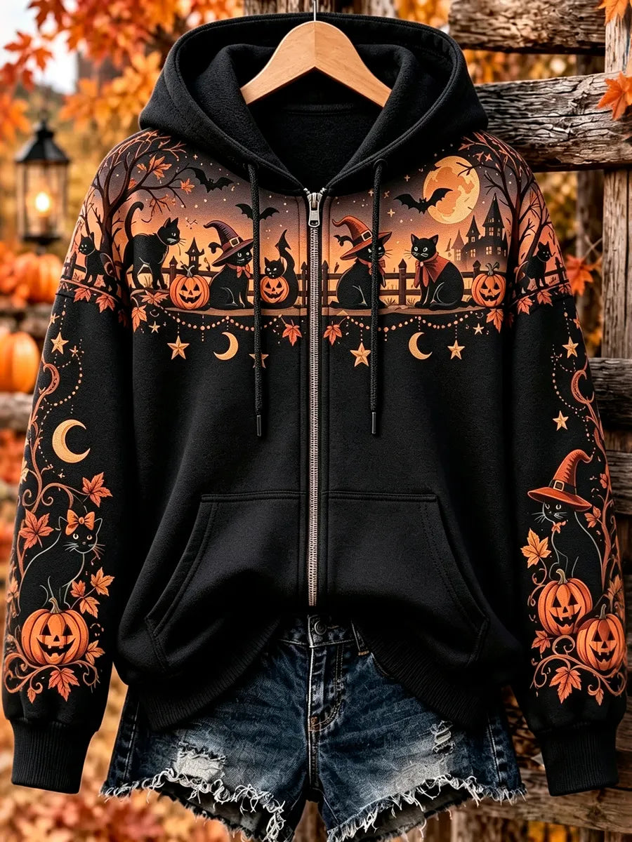 Women's Halloween Black Cat And Pumpkin Art Print Zipper Hoodie