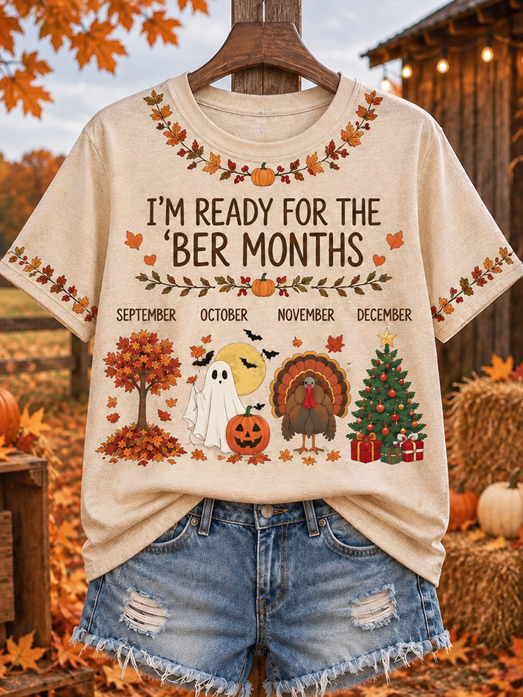 Women's "i'm Ready For The 'ber Months" Seasonal Foliage Ghost Turkey And Christmas Tree Graphic T-shirt