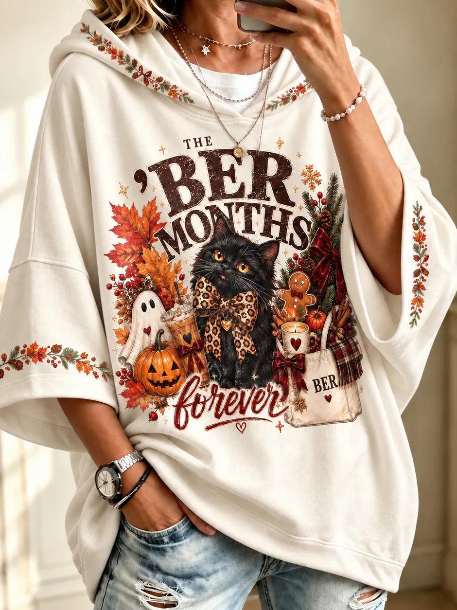 Women's Vintage The 'ber Months Cat Art Print Half Sleeve Casual Hoodie
