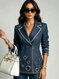Stylish Denim Jacket With Gold Piping And Zipper