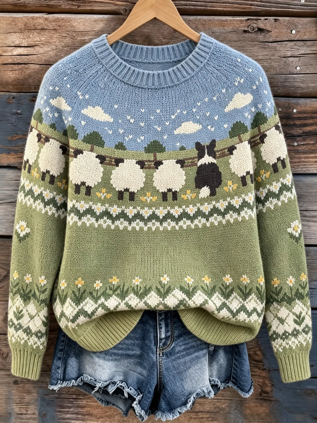 Women's Retro Farm Border Collie With Sheep Patterns Cozy Fair Isle Style Knit Sweater