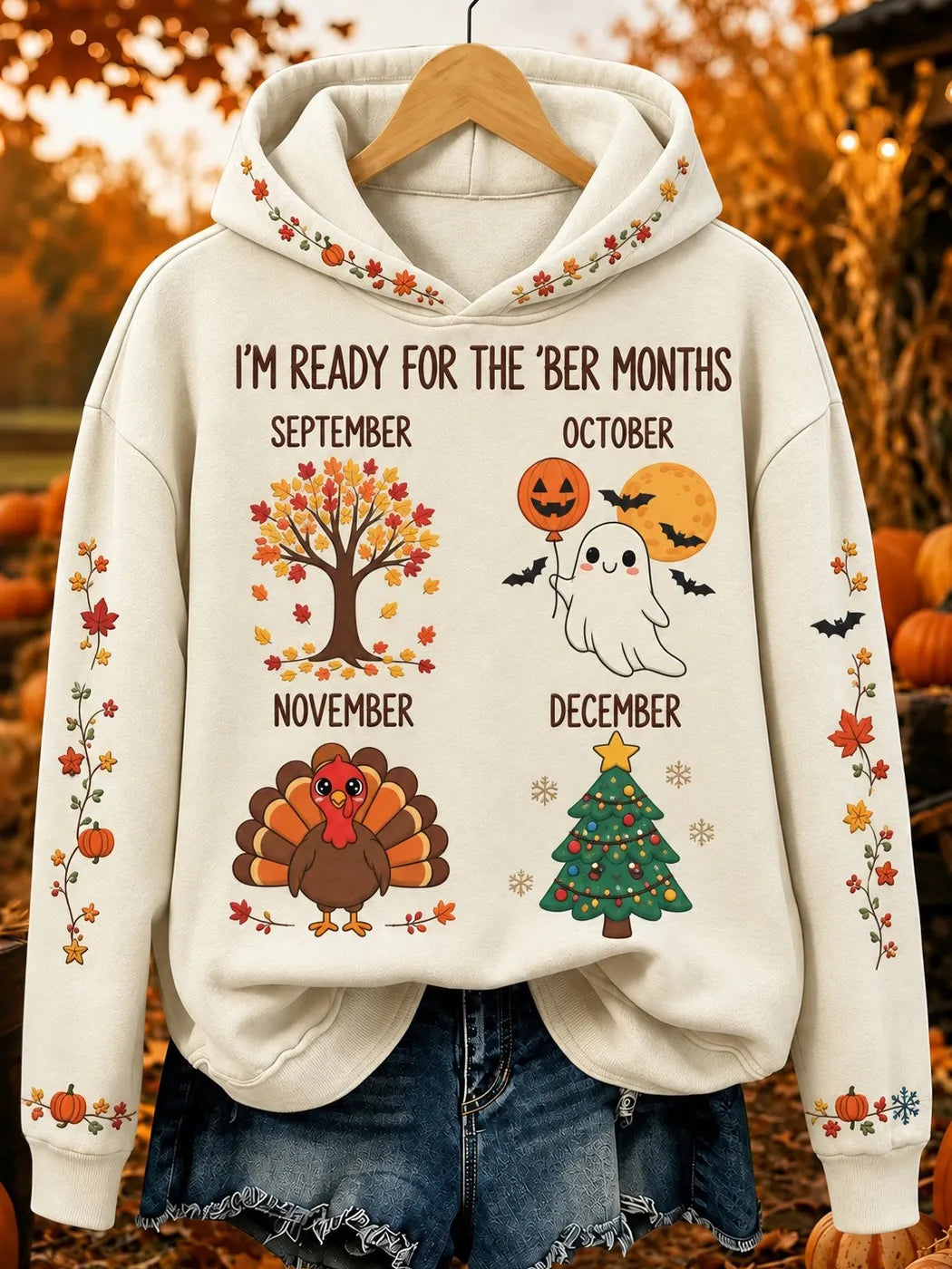 Women's I'm Ready For The Ber Months Fall Pumpkin Turkey Snowman Print Pocket Hoodie
