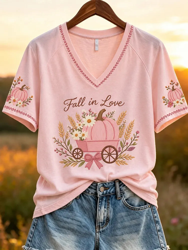 Women's Fall In Love Pumpkin Season Raglan Short Sleeve Top