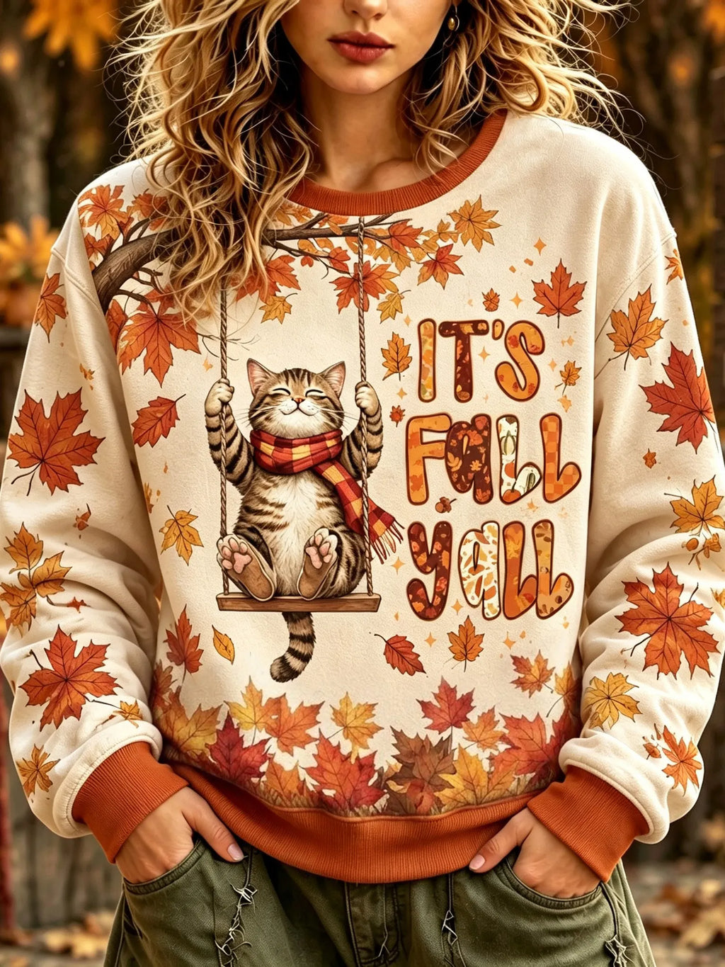Women's Cat And Maple Leaf Print Sweatshirt
