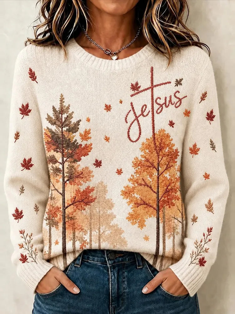 Women's Autumn Landscape Jesus Cross Art Print Knit Sweatshirt
