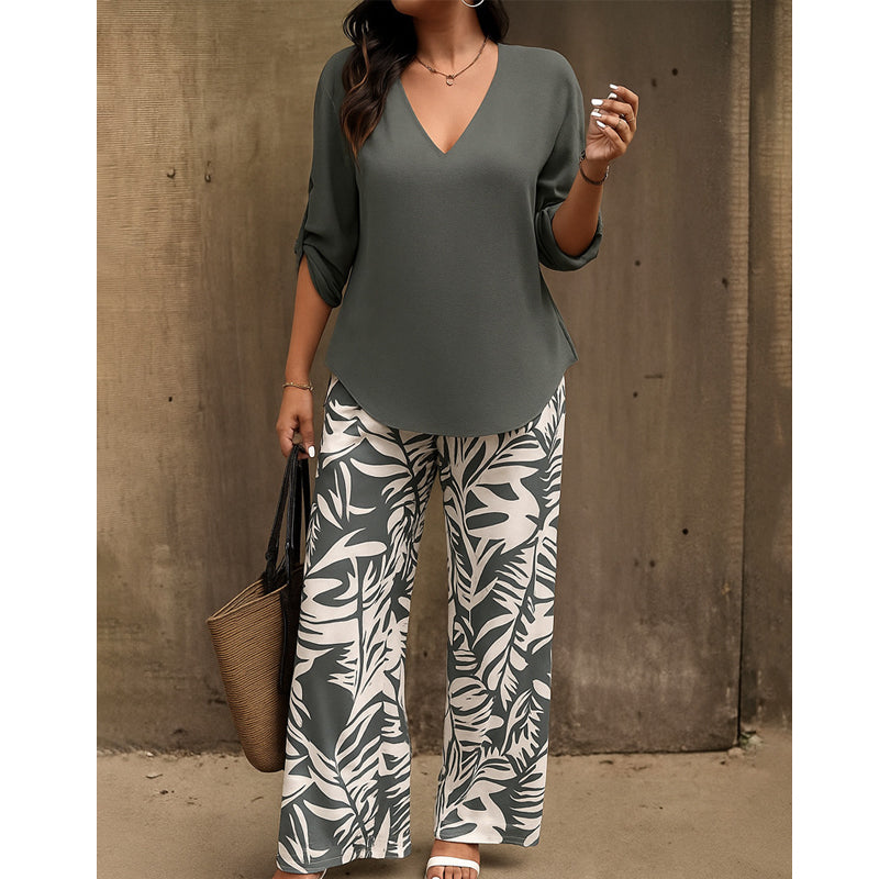 🔥LAST DAY 49% OFF - Women's V-Neck Blouse & Printed Wide-Leg Pants Set