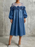 Loose-fit 3d Denim Rose Appliqué And Mesh Patchwork Denim Dress