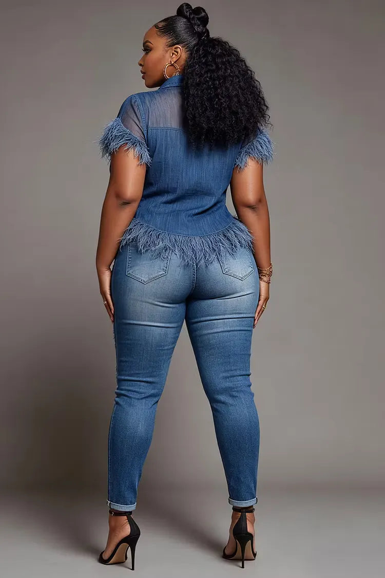 Plus Size Denim Fringe Rhinestone Top