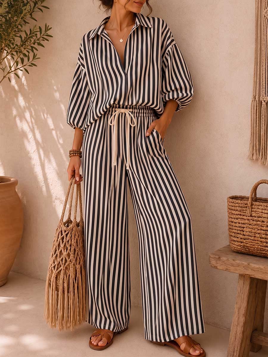 Hot sale🔥Women's Striped Print Cotton-linen Set: Loose-fit Top With Lapel & 3/4 Sleeves, And High-waisted Wide-leg Pants