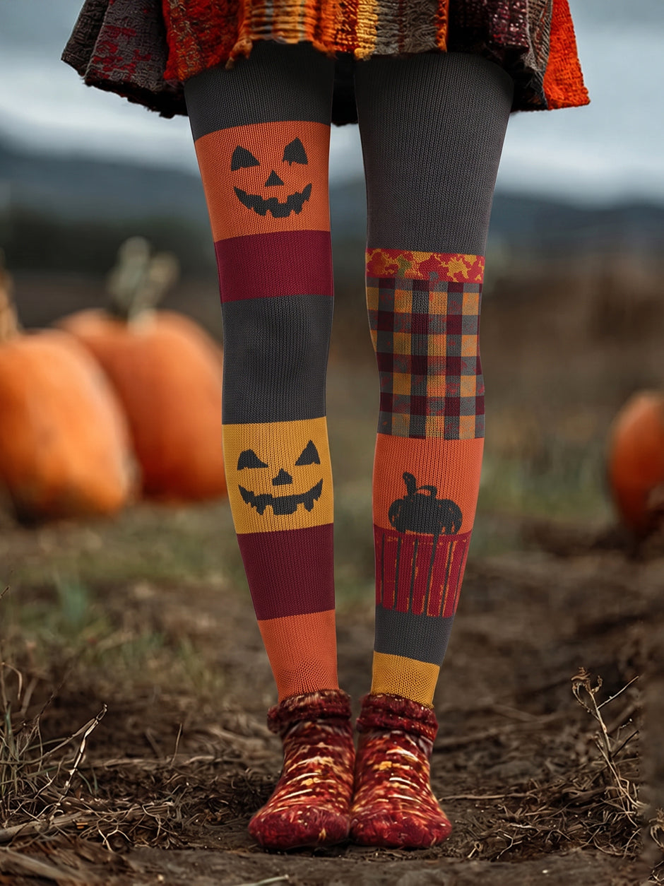 Women's Halloween Pumpkin Face Patchwork Art Casual Leggings