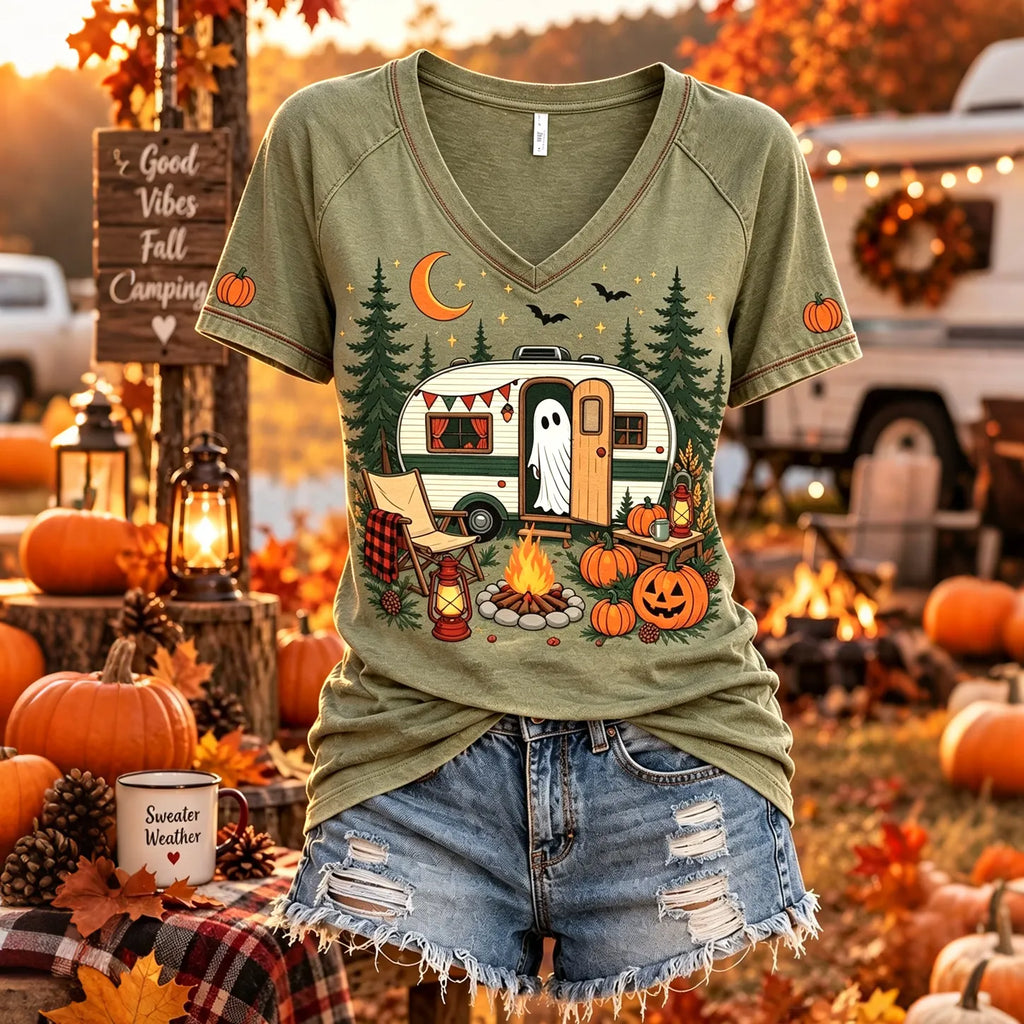 Women's Ghost Art Print V Neck Short Sleeve T-shirt