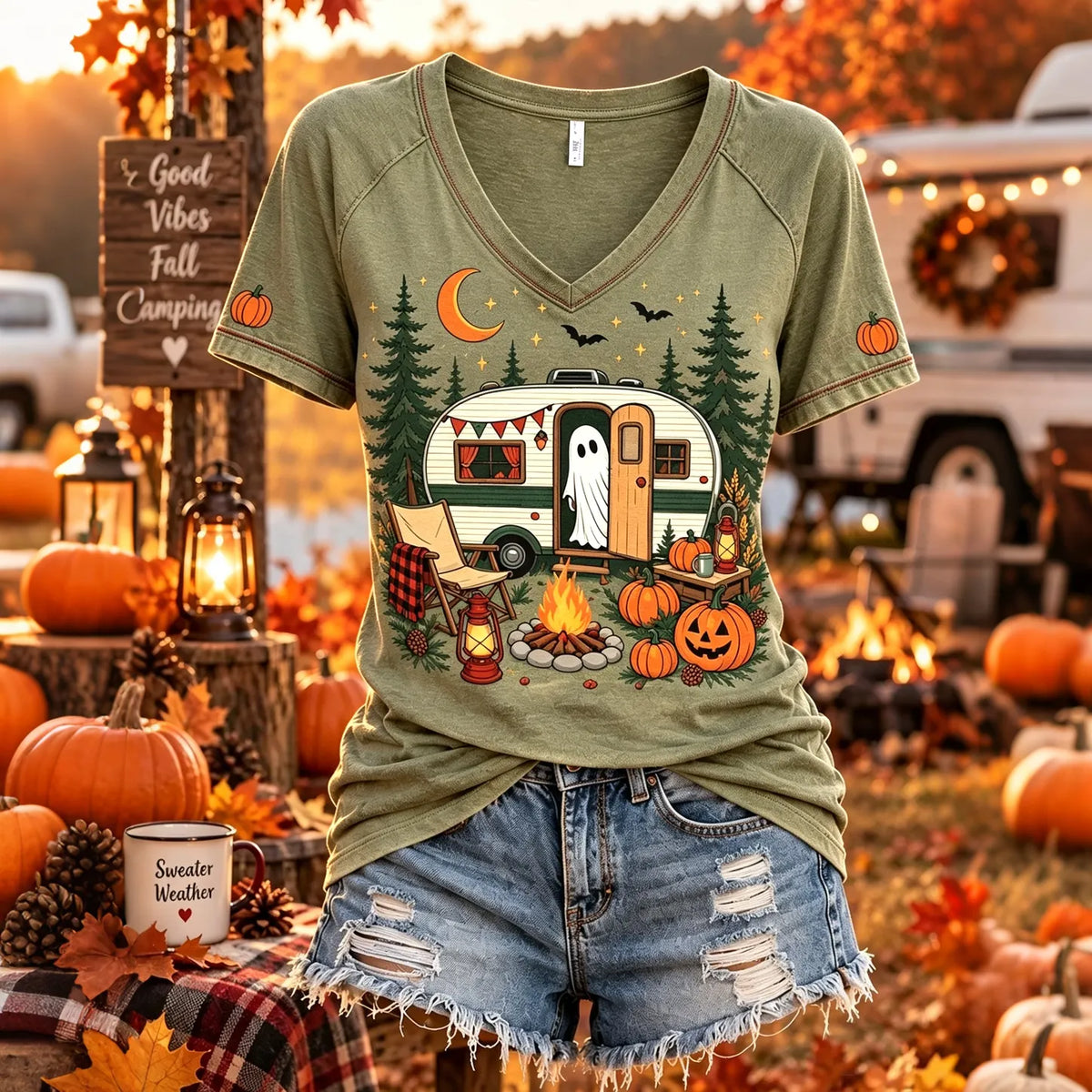 Women's Ghost Art Print V Neck Short Sleeve T-shirt