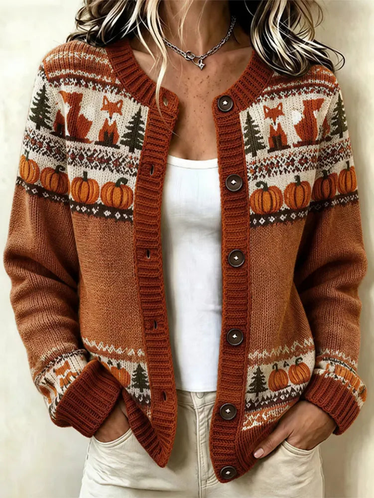 Women's Vintage Farm Fox Pumpkin Pattern Print Casual Cozy Knit Cardigan Sweater