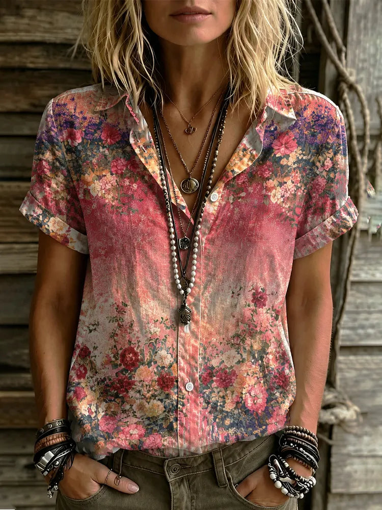 Women's Bohemian Hippie Vacation Tie-dye Plant Floral Short-sleeve Shirt