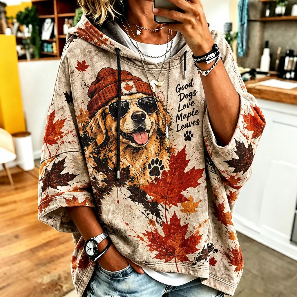 Women's Thanksgiving Retro Dog Maple Leaf Autumn Print Hoodie