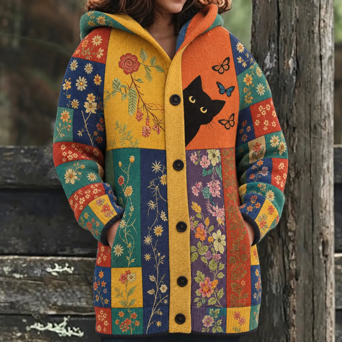 Women's Vintage Retro Colorful Black Cat With Floral Pattern Art Print Jacquard Knit Cardigan