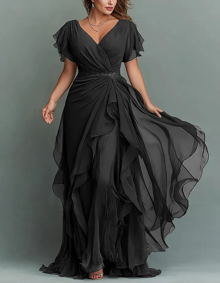 Solid Color V-neck Ruffled Chiffon Maxi Dress