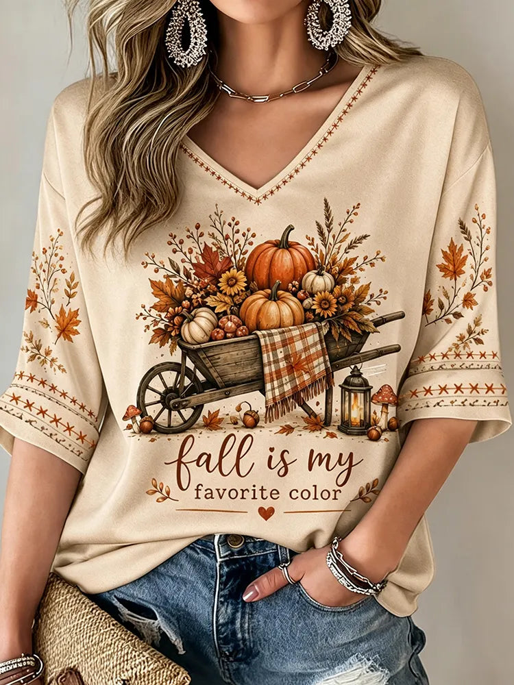 Women's Vintage Autumn Print V-neck Mid-length Sleeves T-shirt