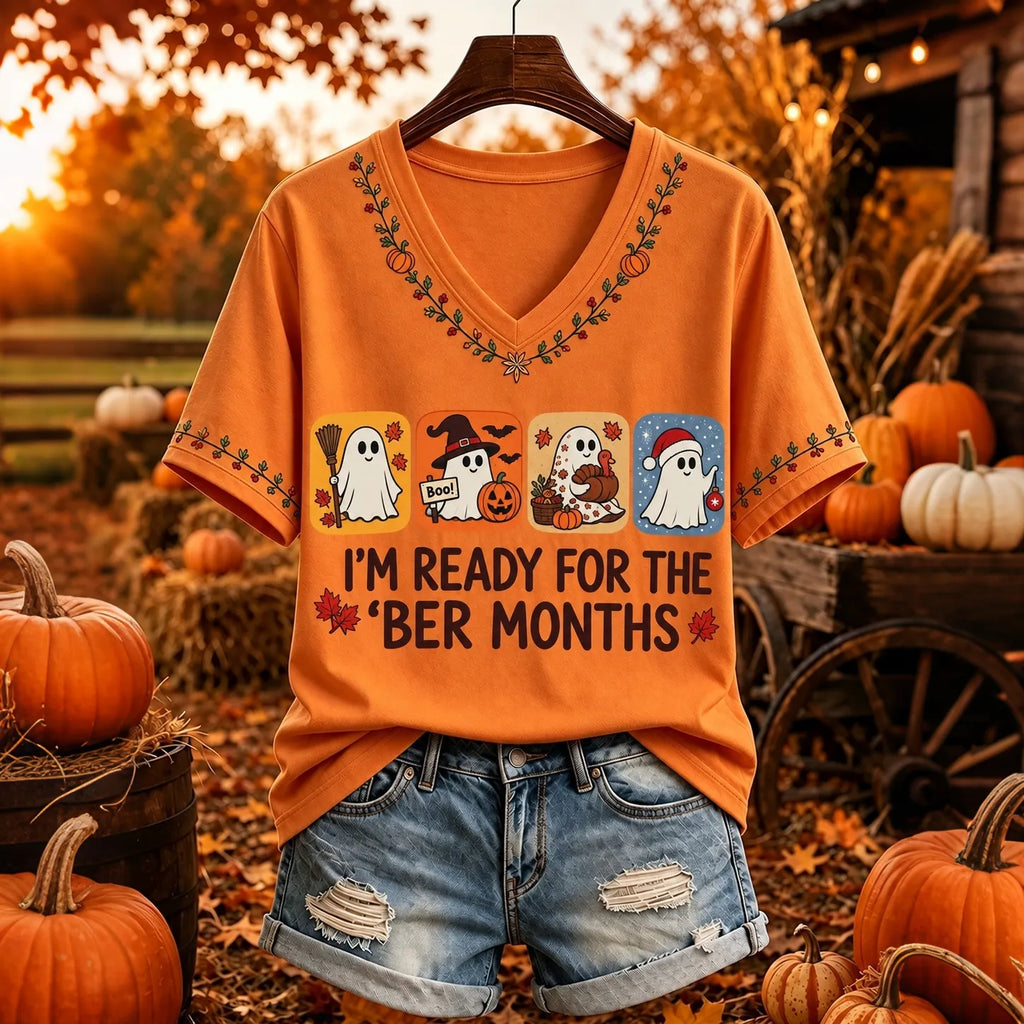Women's I'm Ready For The 'ber Months Ghost Print V Neck Short Sleeve T-shirt