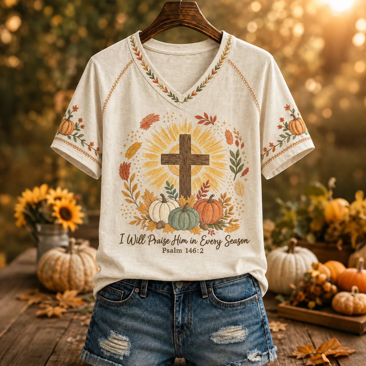Women's I Will Praise Him Every Season Faith Printed V-neck T-shirt