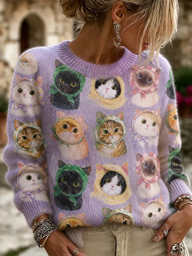 Women's Kitten With Headscarf Art Print Crewneck Sweater