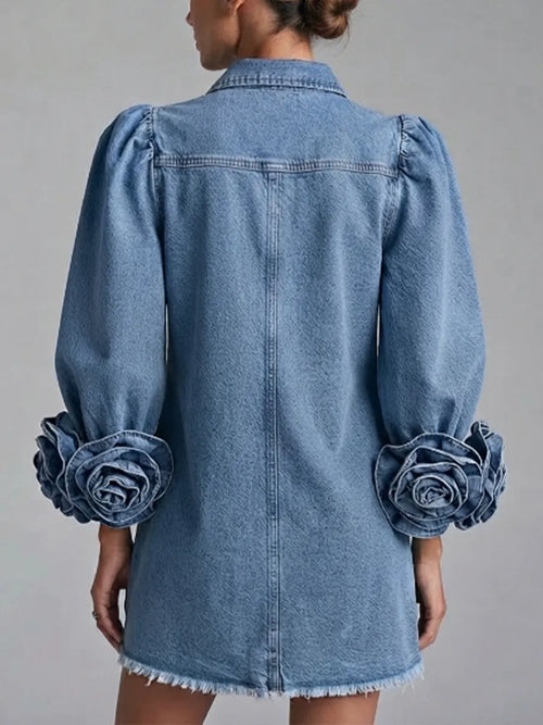 3d Floral‑cuff Raw‑edge Denim‑style Shirt Mini Dress