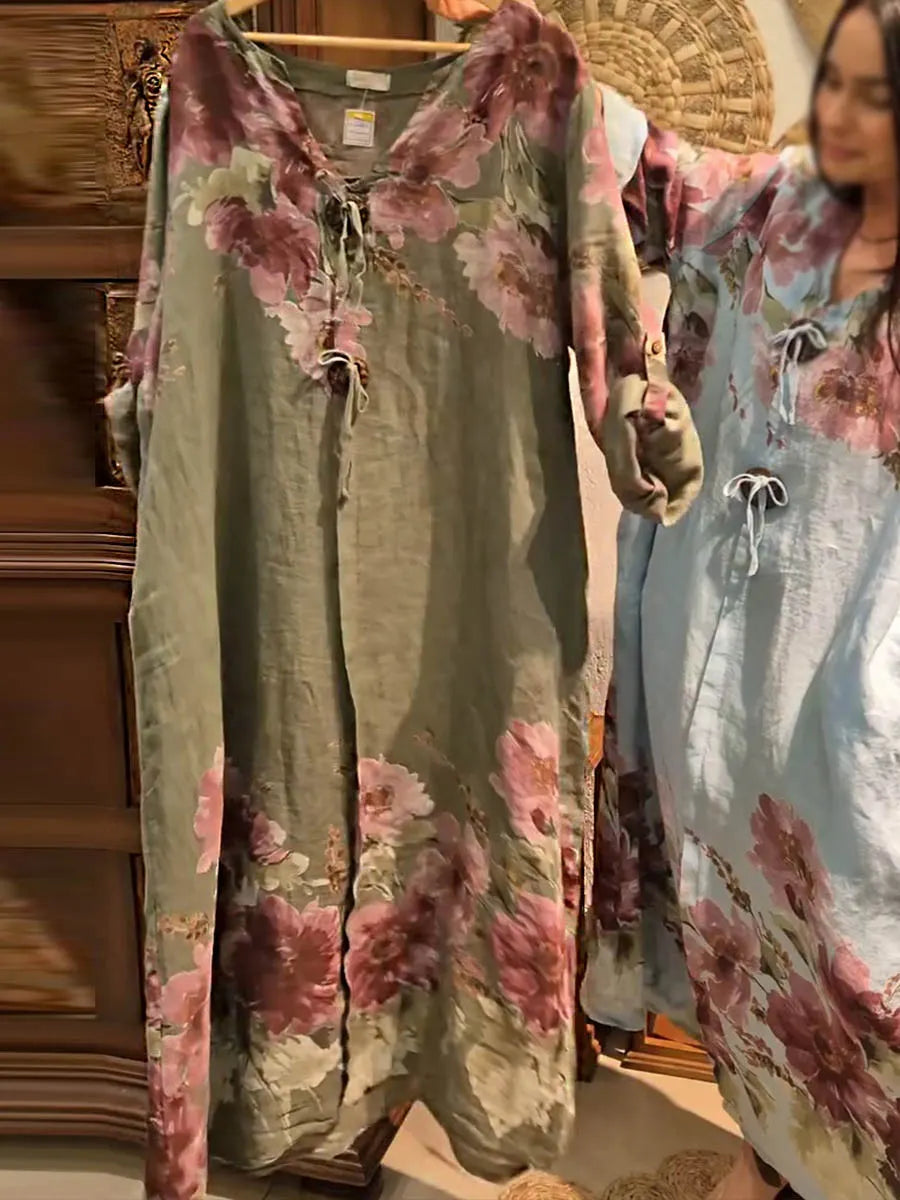 Women's V-neck Long Sleeve Vintage Positioning Print Casual Loose Cotton and Linen Dress