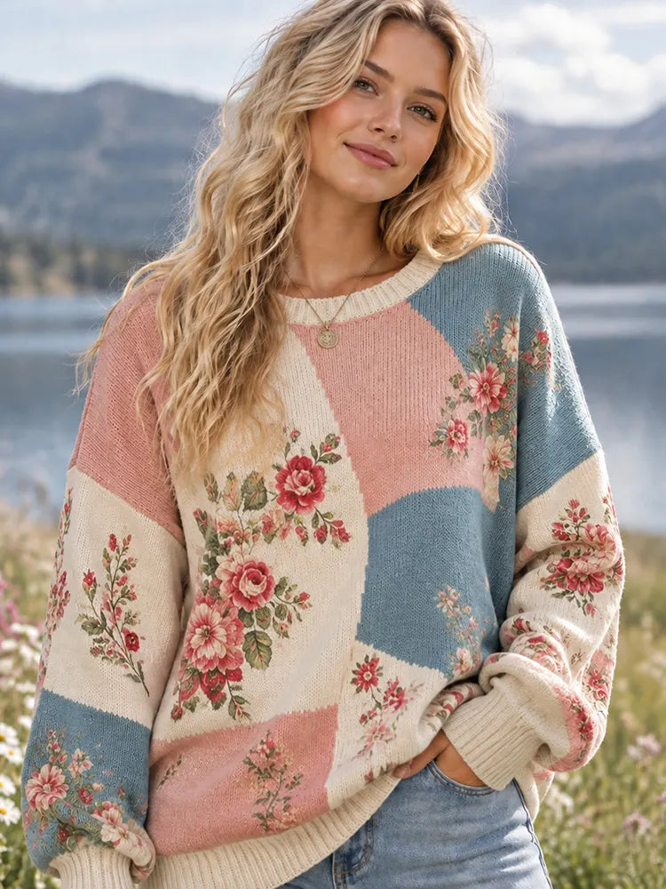 Women's Retro Floral Patchwork Pattern Art Casual Knit Sweater