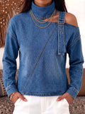 Women's Stand Collar Off-shoulder Long Sleeve Casual Loose Denim Top