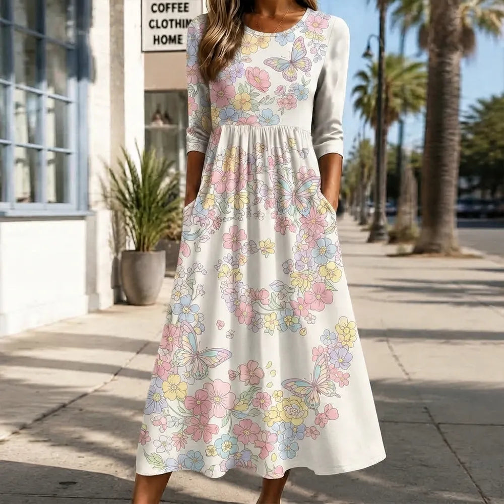 Women's Spring Floral Butterfly Print Pocket Midi Dress