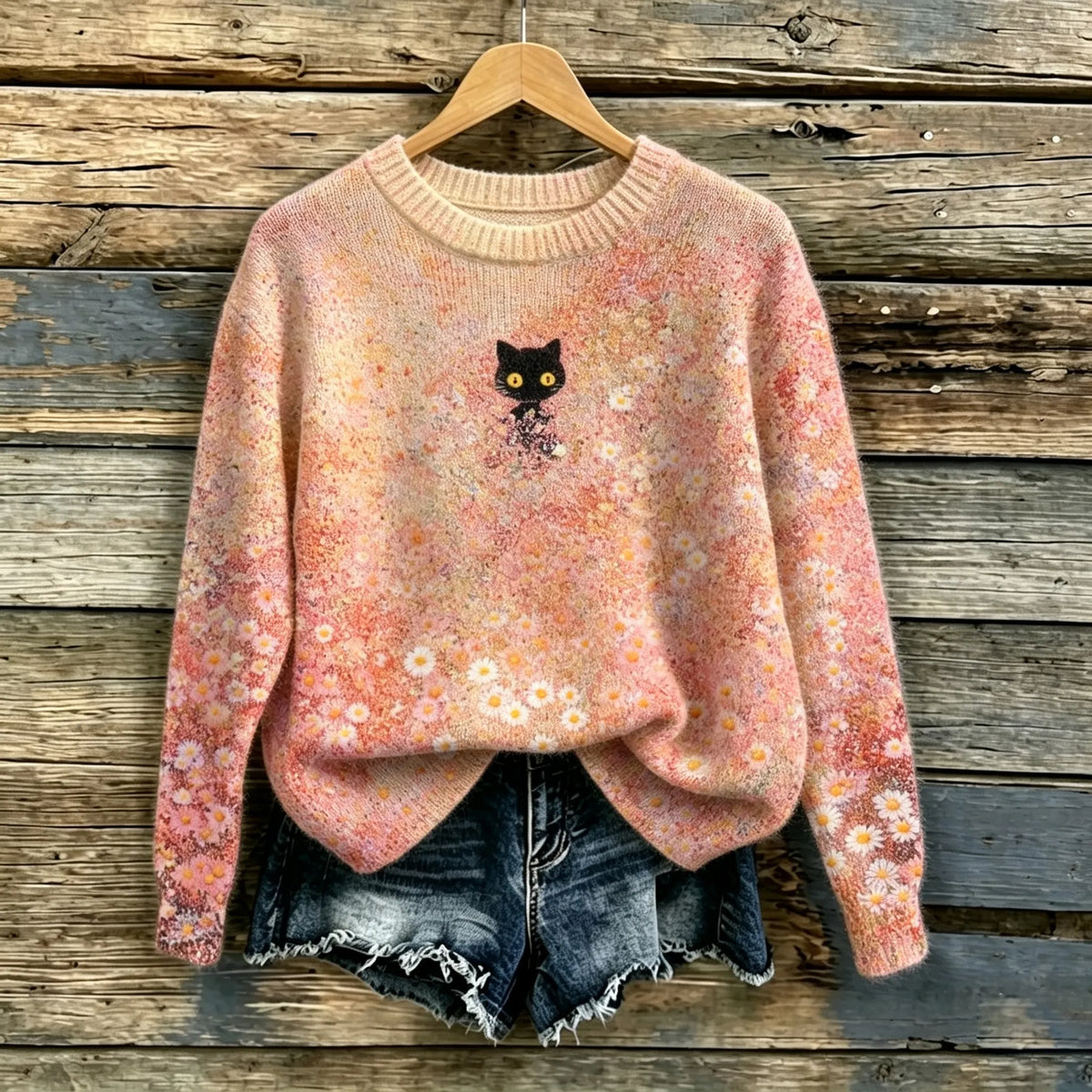Women's Bohemian-style Floral And Cat Print Sweater