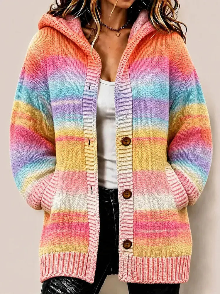 Women's Vintage Abstract Art Gradient Stripe Print Knit Hooded Cardigan