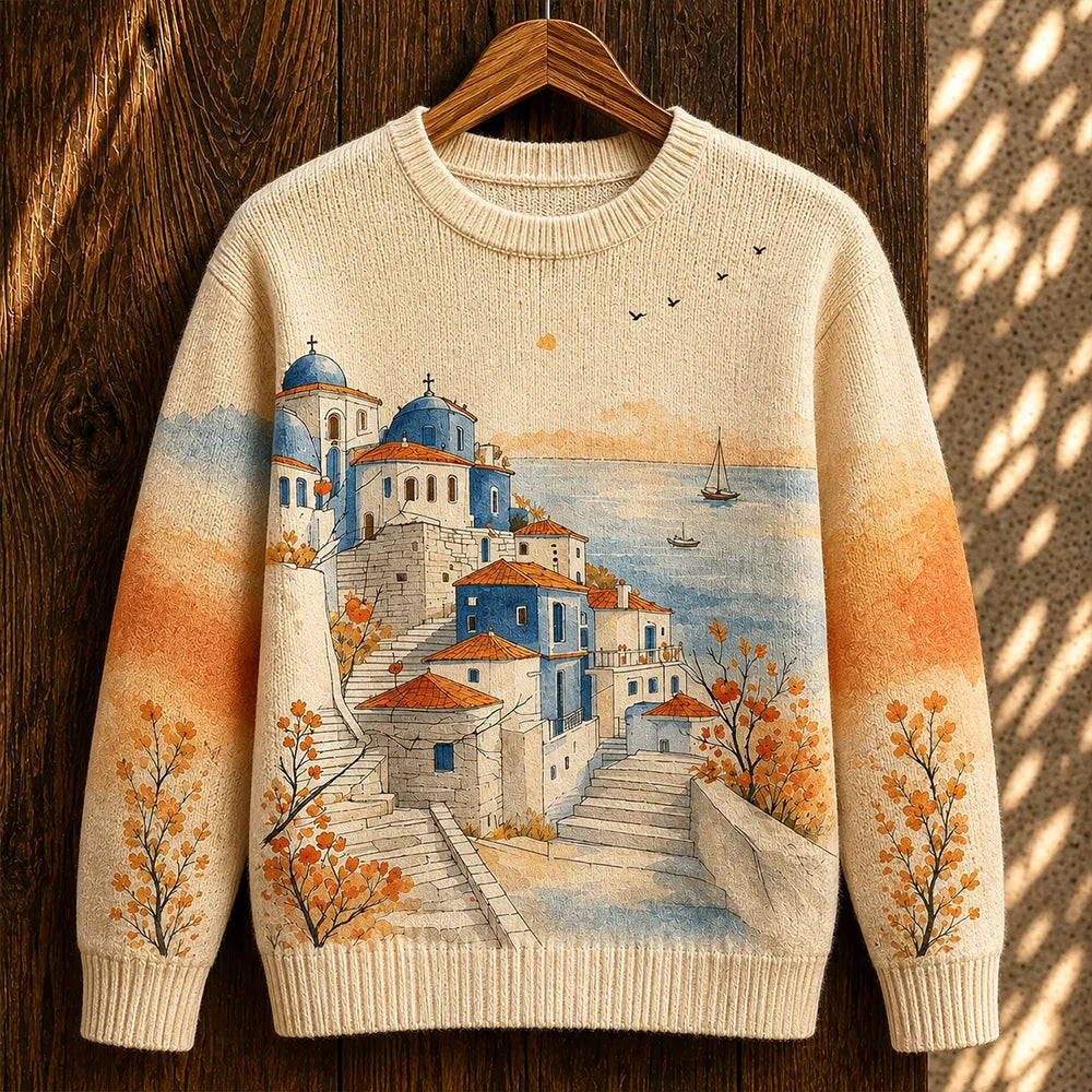 Women's Scenic Coastal Town Graphic Knit Sweater - Mediterranean Village & Seascape Print